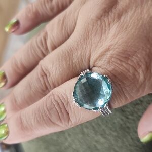Judith Ripka Silver Ring with Blue/Green Aqua Gemstone. Size 10 925